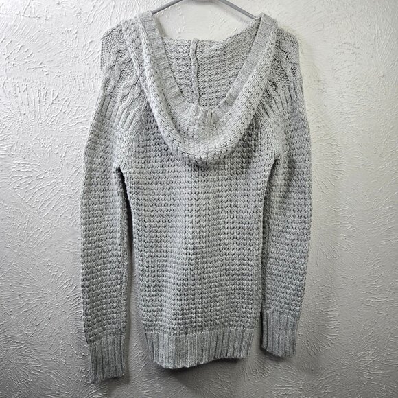 Old Navy Y2k Hooded Sweater Gray Lambswool Rabbit Hair Preppy Chunky Cable Knit - Picture 5 of 13